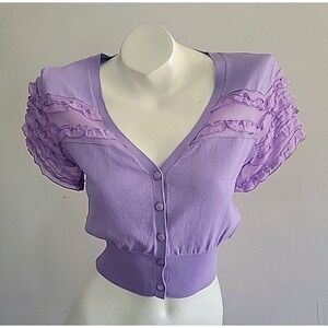 Peppe Peluso Crop Cardigan Small Lavender Button Up V Neck Chiffon Ruffle Sleeve